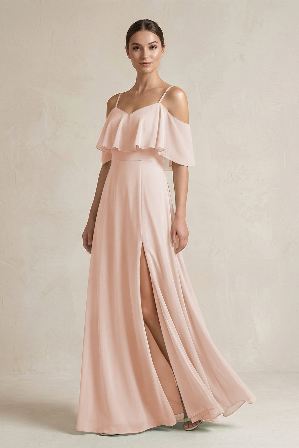 Ruffled Off - the - Shoulder A - Line Chiffon Bridesmaid Gown in Pale Blush - KISS BRIDAL Bridesmaid Dresses