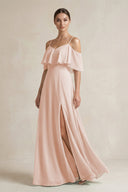 Ruffled Off - the - Shoulder A - Line Chiffon Bridesmaid Gown in Pale Blush - KISS BRIDAL Bridesmaid Dresses