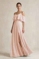 Ruffled Off - the - Shoulder A - Line Chiffon Bridesmaid Gown in Pale Blush - KISS BRIDAL Bridesmaid Dresses