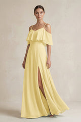 Ruffled Off - the - Shoulder A - Line Chiffon Bridesmaid Gown in Pastel Yellow - KISS BRIDAL Bridesmaid Dresses