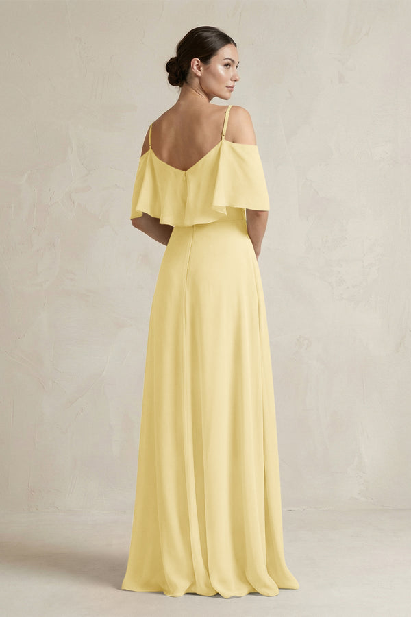 Ruffled Off - the - Shoulder A - Line Chiffon Bridesmaid Gown in Pastel Yellow - KISS BRIDAL Bridesmaid Dresses