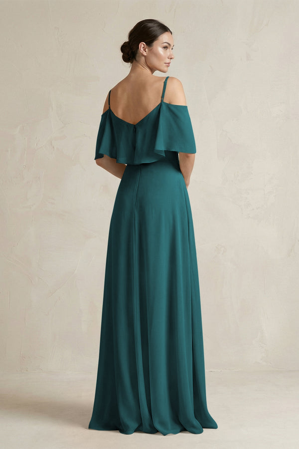 Ruffled Off - the - Shoulder A - Line Chiffon Bridesmaid Gown in Pine - KISS BRIDAL Bridesmaid Dresses