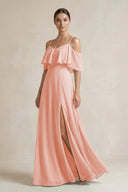 Ruffled Off - the - Shoulder A - Line Chiffon Bridesmaid Gown in Rose Petal - KISS BRIDAL Bridesmaid Dresses