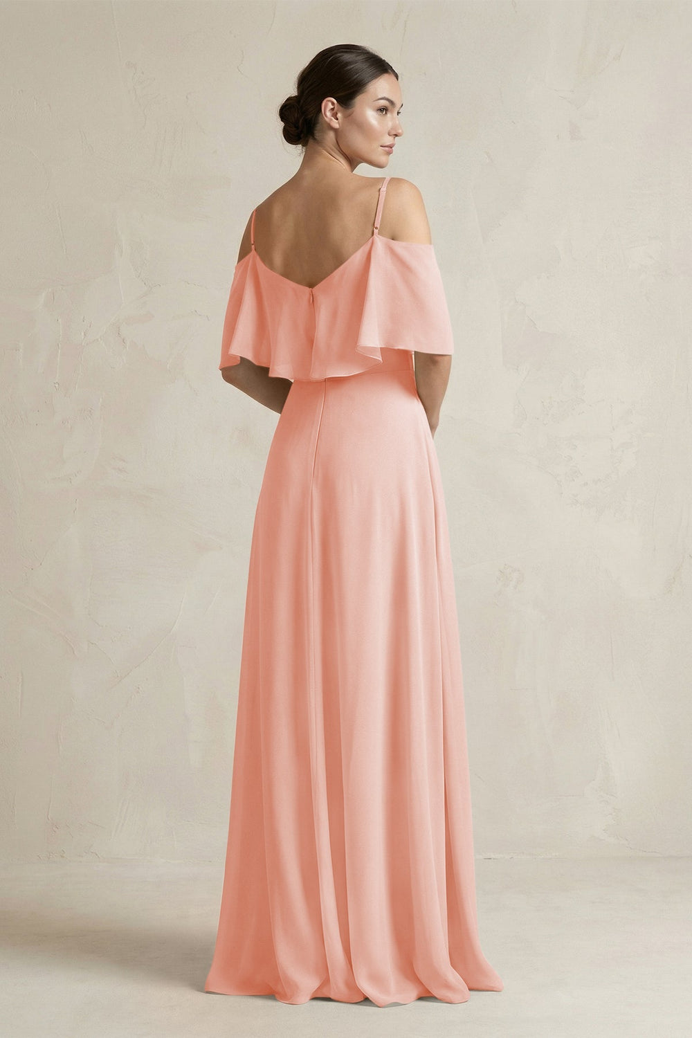 Ruffled Off - the - Shoulder A - Line Chiffon Bridesmaid Gown in Rose Petal - KISS BRIDAL Bridesmaid Dresses