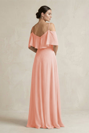 Ruffled Off - the - Shoulder A - Line Chiffon Bridesmaid Gown in Rose Petal - KISS BRIDAL Bridesmaid Dresses