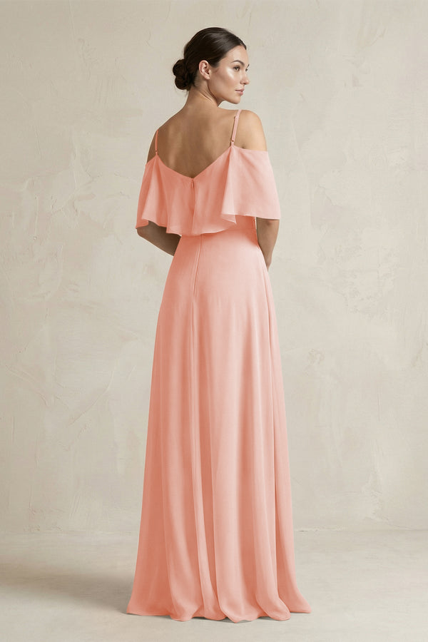 Ruffled Off - the - Shoulder A - Line Chiffon Bridesmaid Gown in Rose Petal - KISS BRIDAL Bridesmaid Dresses