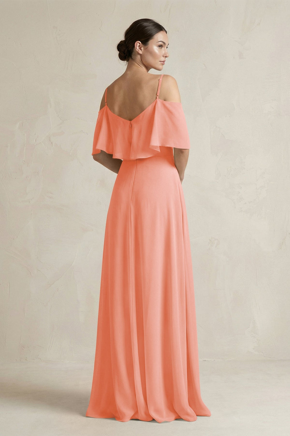 Ruffled Off - the - Shoulder A - Line Chiffon Bridesmaid Gown in Rosette - KISS BRIDAL Bridesmaid Dresses