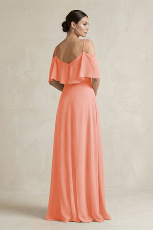 Ruffled Off - the - Shoulder A - Line Chiffon Bridesmaid Gown in Rosette - KISS BRIDAL Bridesmaid Dresses