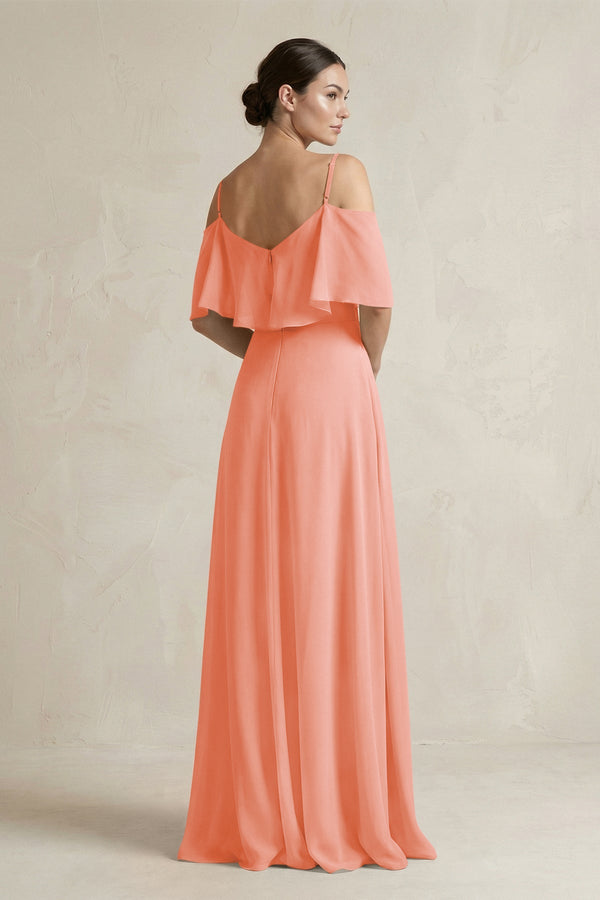 Ruffled Off - the - Shoulder A - Line Chiffon Bridesmaid Gown in Rosette - KISS BRIDAL Bridesmaid Dresses