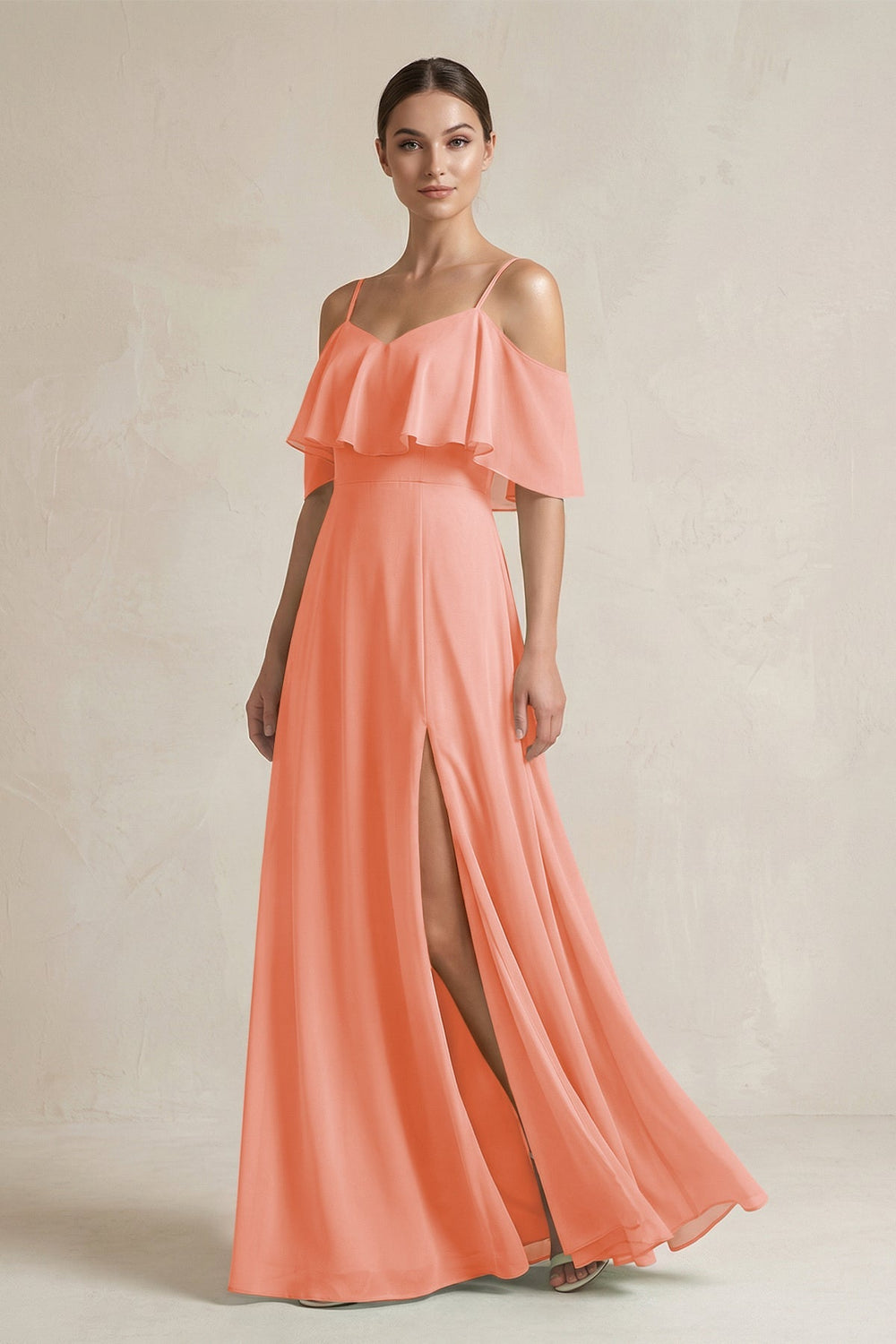 Ruffled Off - the - Shoulder A - Line Chiffon Bridesmaid Gown in Rosette - KISS BRIDAL Bridesmaid Dresses