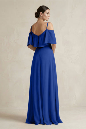Ruffled Off - the - Shoulder A - Line Chiffon Bridesmaid Gown in Royal Blue - KISS BRIDAL Bridesmaid Dresses