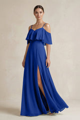 Ruffled Off - the - Shoulder A - Line Chiffon Bridesmaid Gown in Royal Blue - KISS BRIDAL Bridesmaid Dresses