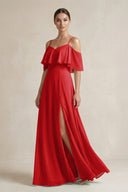 Ruffled Off - the - Shoulder A - Line Chiffon Bridesmaid Gown in Ruby Red - SHE IS ME Bridesmaid Dresses