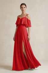 Ruffled Off - the - Shoulder A - Line Chiffon Bridesmaid Gown in Ruby Red - KISS BRIDAL Bridesmaid Dresses