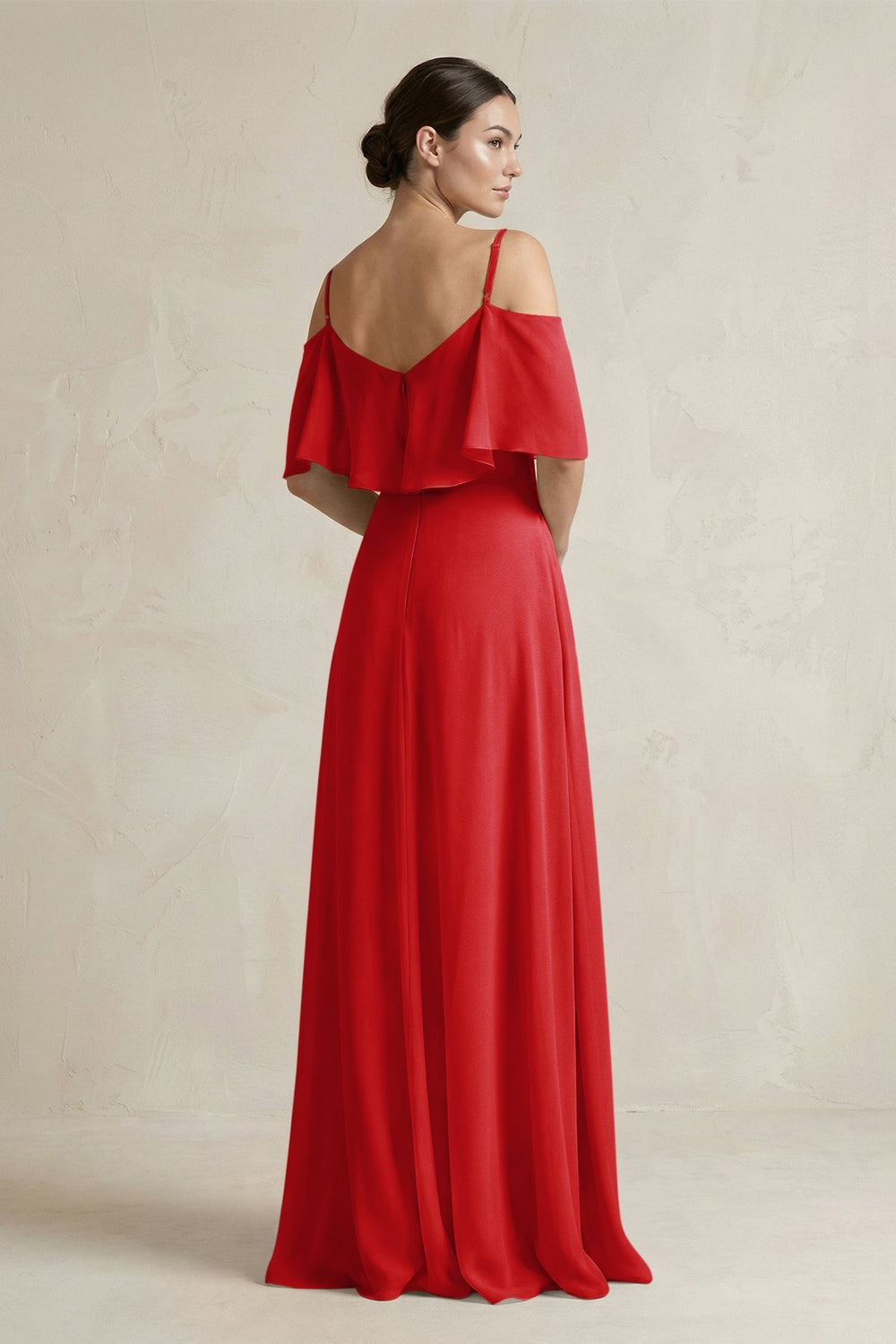 Ruffled Off - the - Shoulder A - Line Chiffon Bridesmaid Gown in Ruby Red - SHE IS ME Bridesmaid Dresses