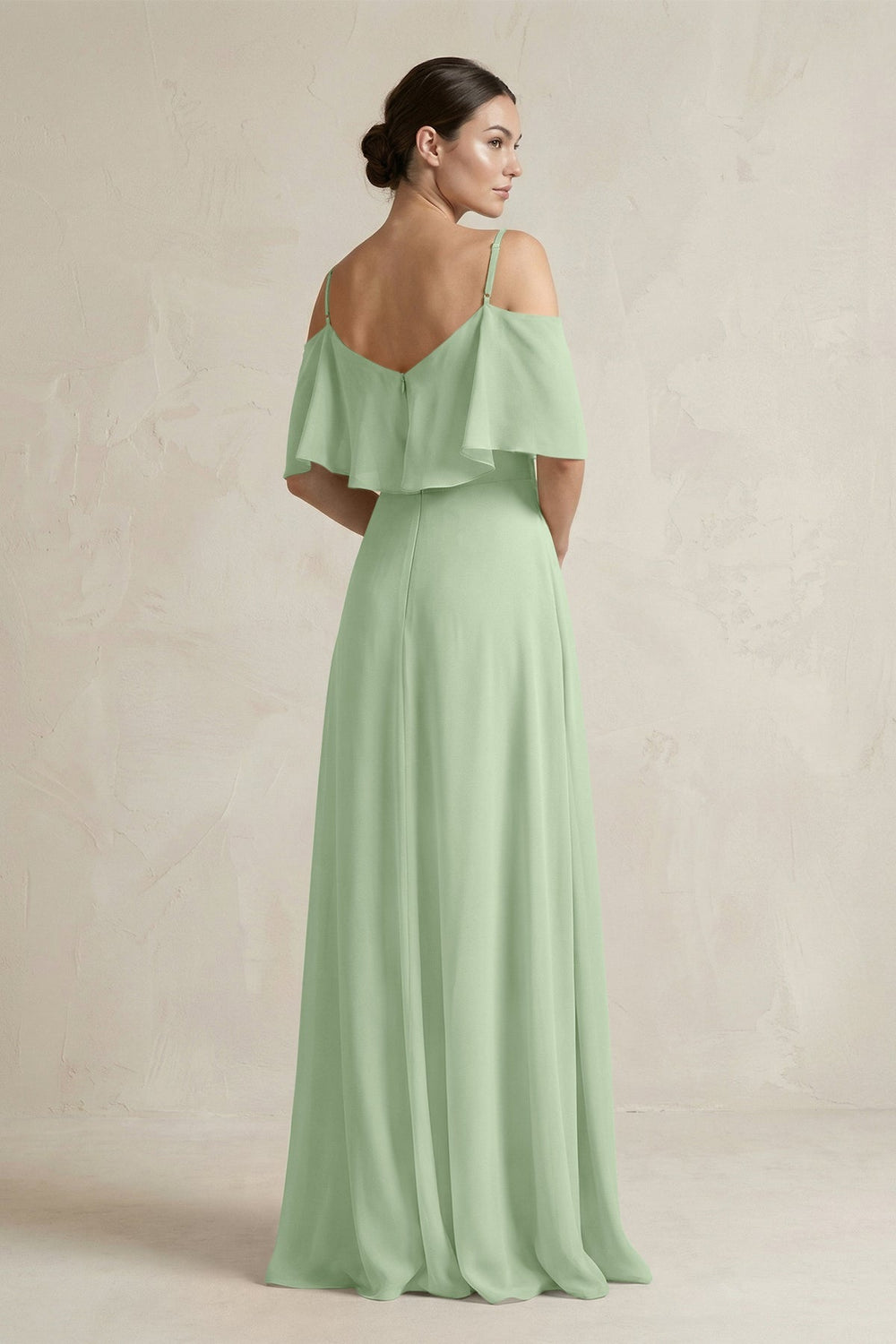 Ruffled Off - the - Shoulder A - Line Chiffon Bridesmaid Gown in Sage - SHE IS ME Bridesmaid Dresses