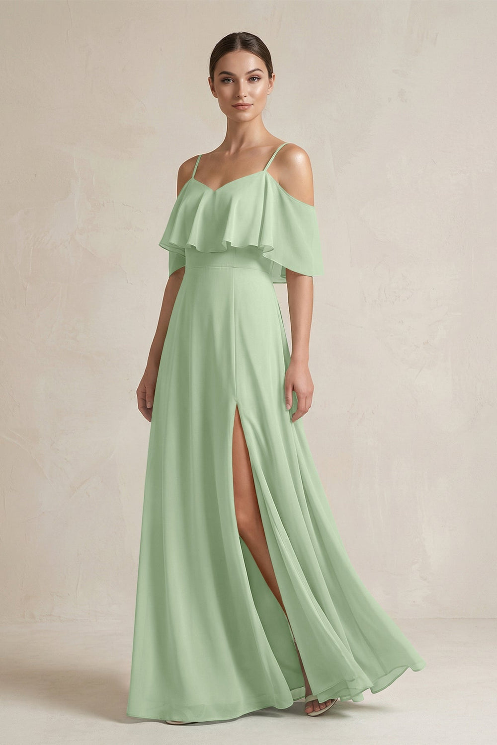 Ruffled Off - the - Shoulder A - Line Chiffon Bridesmaid Gown in Sage - SHE IS ME Bridesmaid Dresses
