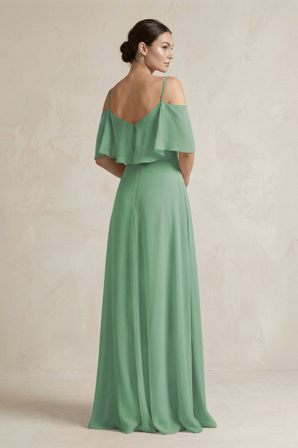 Ruffled Off - the - Shoulder A - Line Chiffon Bridesmaid Gown in Sea Glass - KISS BRIDAL Bridesmaid Dresses