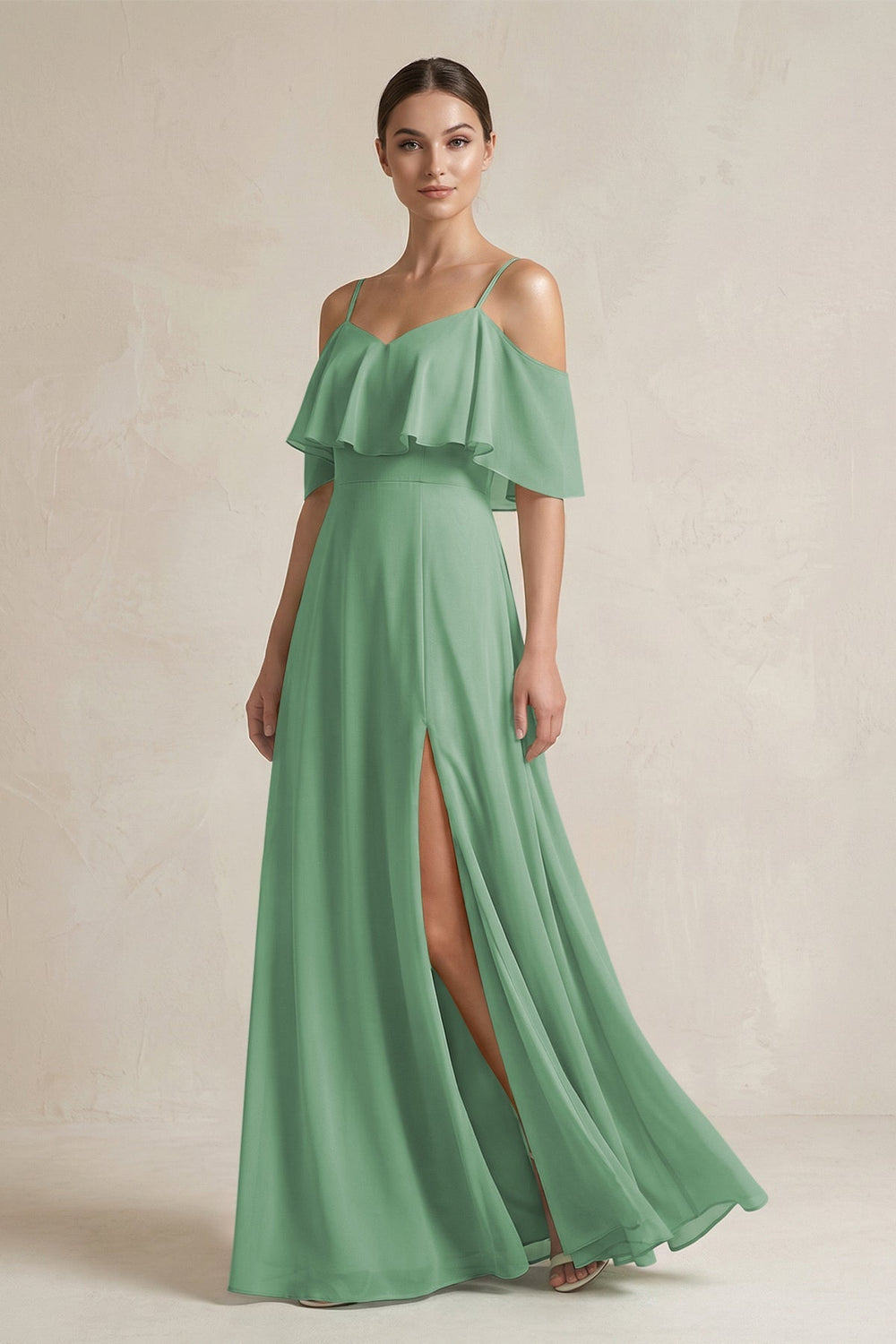Ruffled Off - the - Shoulder A - Line Chiffon Bridesmaid Gown in Sea Glass - KISS BRIDAL Bridesmaid Dresses