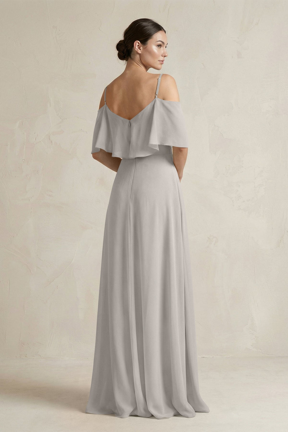 Ruffled Off - the - Shoulder A - Line Chiffon Bridesmaid Gown in Silver - KISS BRIDAL Bridesmaid Dresses