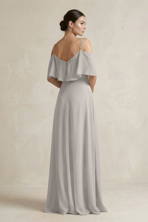 Ruffled Off - the - Shoulder A - Line Chiffon Bridesmaid Gown in Silver - KISS BRIDAL Bridesmaid Dresses