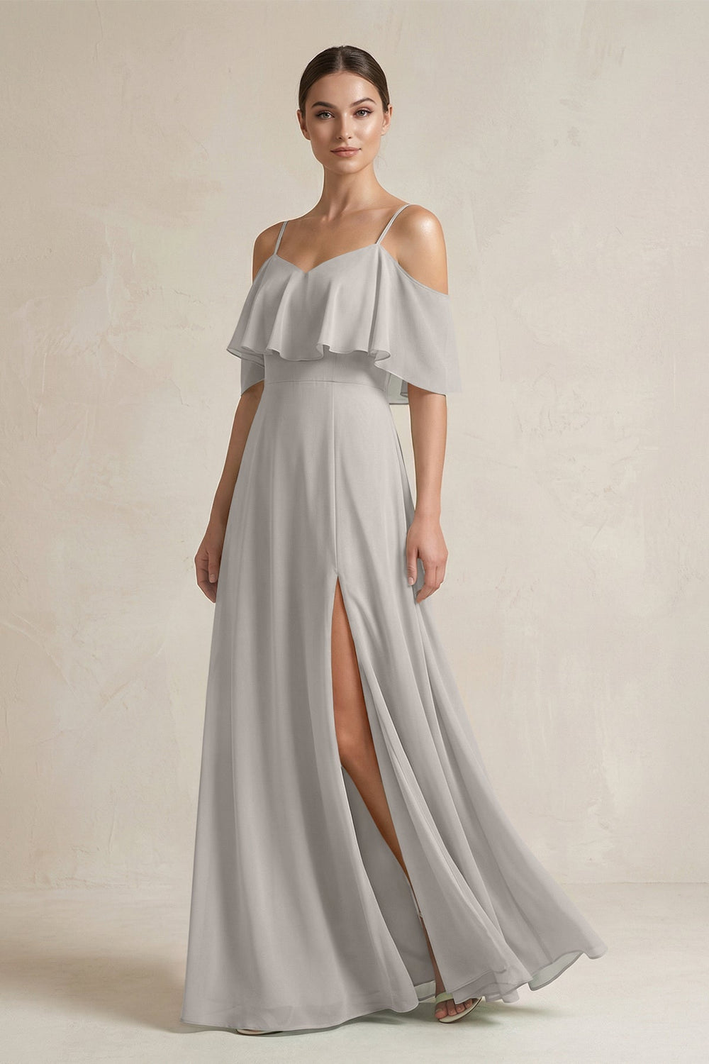 Ruffled Off - the - Shoulder A - Line Chiffon Bridesmaid Gown in Silver - KISS BRIDAL Bridesmaid Dresses