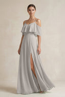 Ruffled Off - the - Shoulder A - Line Chiffon Bridesmaid Gown in Silver - KISS BRIDAL Bridesmaid Dresses