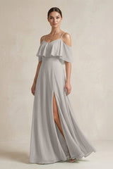Ruffled Off - the - Shoulder A - Line Chiffon Bridesmaid Gown in Silver - KISS BRIDAL Bridesmaid Dresses