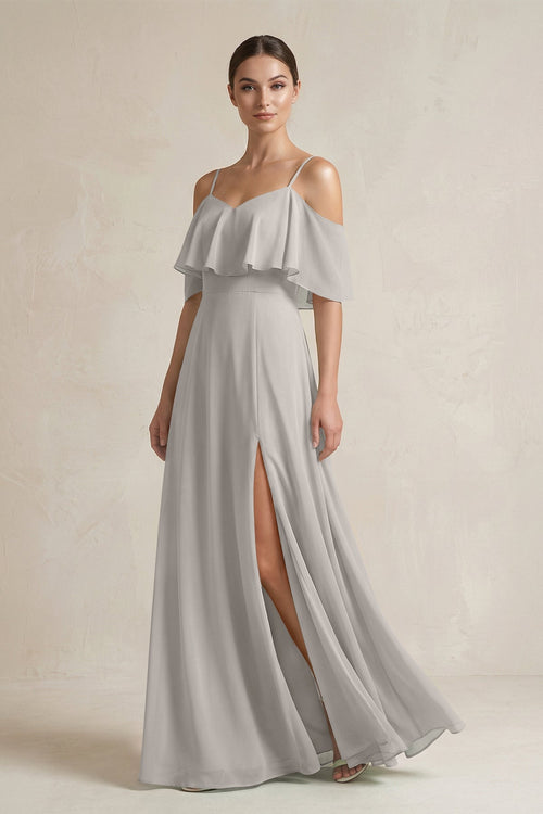 Ruffled Off - the - Shoulder A - Line Chiffon Bridesmaid Gown in Silver - KISS BRIDAL Bridesmaid Dresses