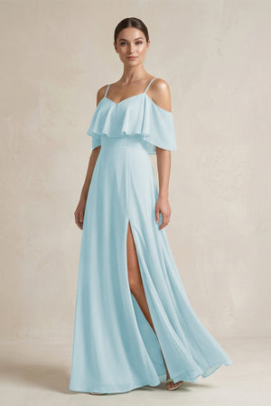 Ruffled Off - the - Shoulder A - Line Chiffon Bridesmaid Gown in Sky Blue - KISS BRIDAL Bridesmaid Dresses
