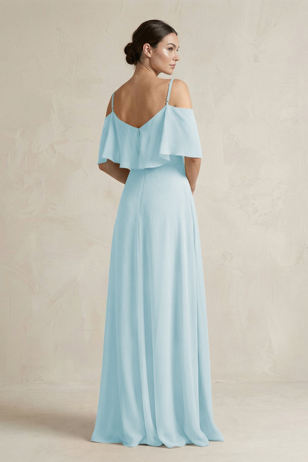 Ruffled Off - the - Shoulder A - Line Chiffon Bridesmaid Gown in Sky Blue - KISS BRIDAL Bridesmaid Dresses