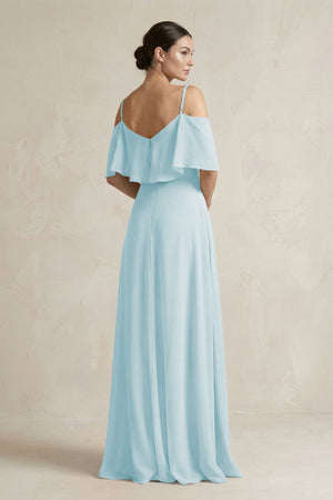 Ruffled Off - the - Shoulder A - Line Chiffon Bridesmaid Gown in Sky Blue - KISS BRIDAL Bridesmaid Dresses