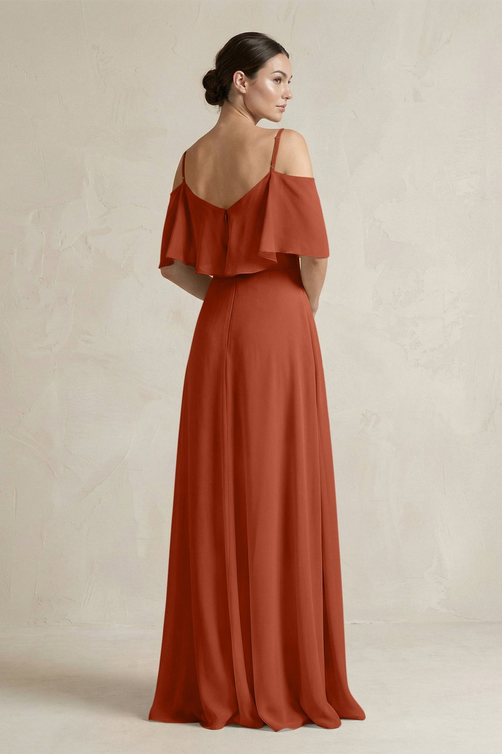 Ruffled Off - the - Shoulder A - Line Chiffon Bridesmaid Gown in Spice - KISS BRIDAL Bridesmaid Dresses