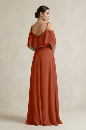 Ruffled Off - the - Shoulder A - Line Chiffon Bridesmaid Gown in Spice - KISS BRIDAL Bridesmaid Dresses