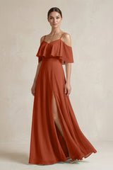 Ruffled Off - the - Shoulder A - Line Chiffon Bridesmaid Gown in Spice - KISS BRIDAL Bridesmaid Dresses