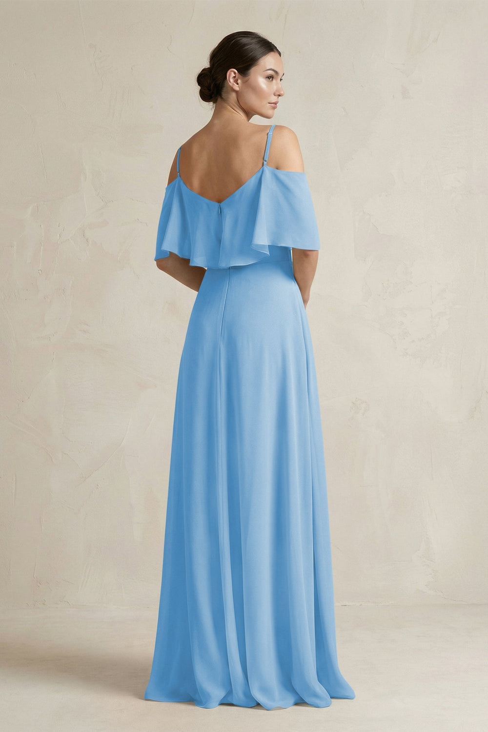 Ruffled Off - the - Shoulder A - Line Chiffon Bridesmaid Gown in Steel Blue - KISS BRIDAL Bridesmaid Dresses
