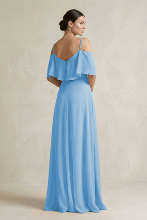 Ruffled Off - the - Shoulder A - Line Chiffon Bridesmaid Gown in Steel Blue - KISS BRIDAL Bridesmaid Dresses