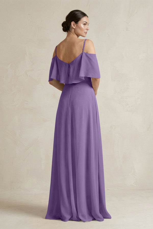 Ruffled Off - the - Shoulder A - Line Chiffon Bridesmaid Gown in Tahiti - KISS BRIDAL Bridesmaid Dresses