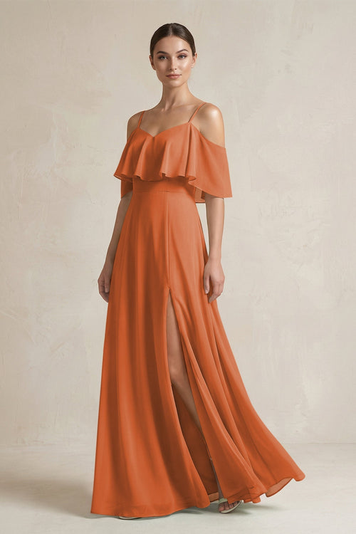 Ruffled Off - the - Shoulder A - Line Chiffon Bridesmaid Gown in Terracotta - KISS BRIDAL Bridesmaid Dresses