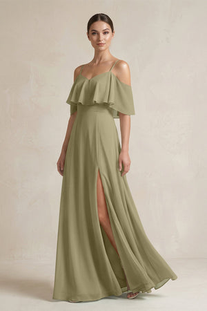 Ruffled Off - the - Shoulder A - Line Chiffon Bridesmaid Gown in Thyme - KISS BRIDAL Bridesmaid Dresses