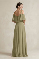 Ruffled Off - the - Shoulder A - Line Chiffon Bridesmaid Gown in Thyme - KISS BRIDAL Bridesmaid Dresses