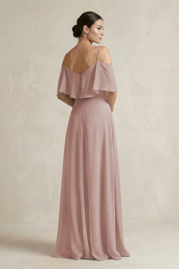 Ruffled Off-the-Shoulder A-Line Chiffon Bridesmaid Gown in Toffee (2) | KISSBRIDAL