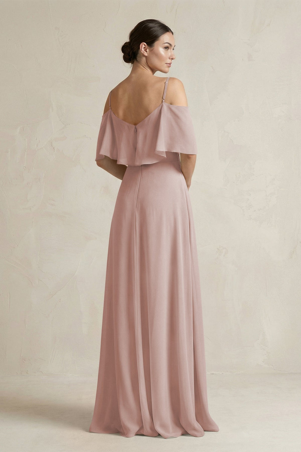 Ruffled Off - the - Shoulder A - Line Chiffon Bridesmaid Gown in Toffee - KISS BRIDAL Bridesmaid Dresses