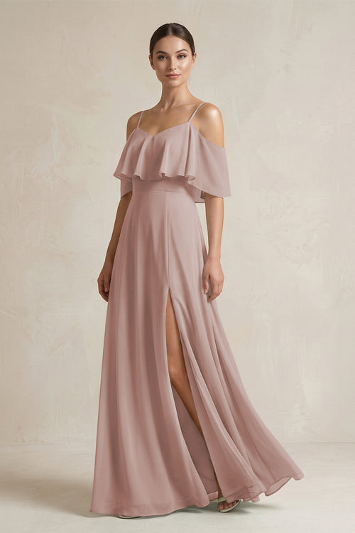 Ruffled Off-the-Shoulder A-Line Chiffon Bridesmaid Gown in Toffee | KISSBRIDAL