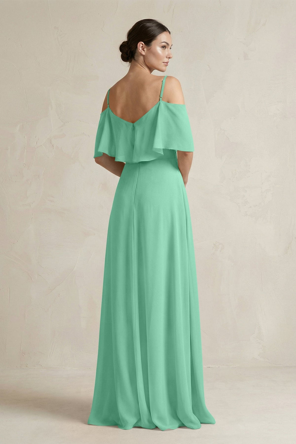 Ruffled Off - the - Shoulder A - Line Chiffon Bridesmaid Gown in Turquoise - KISS BRIDAL Bridesmaid Dresses