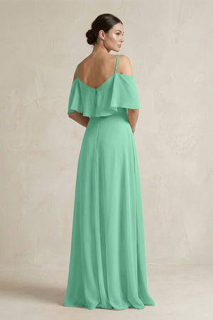 Ruffled Off - the - Shoulder A - Line Chiffon Bridesmaid Gown in Turquoise - KISS BRIDAL Bridesmaid Dresses