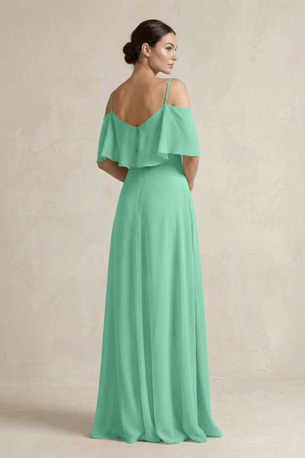 Ruffled Off - the - Shoulder A - Line Chiffon Bridesmaid Gown in Turquoise - KISS BRIDAL Bridesmaid Dresses