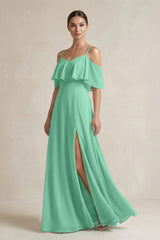 Ruffled Off - the - Shoulder A - Line Chiffon Bridesmaid Gown in Turquoise - KISS BRIDAL Bridesmaid Dresses