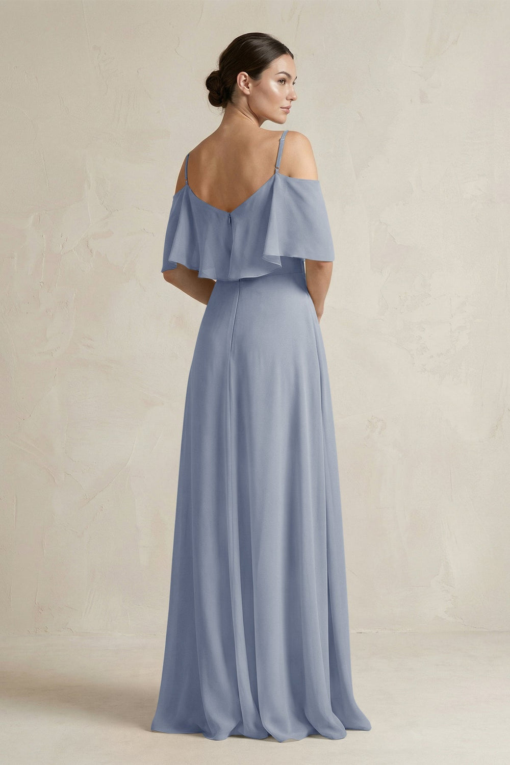 Ruffled Off - the - Shoulder A - Line Chiffon Bridesmaid Gown in Twilight - KISS BRIDAL Bridesmaid Dresses