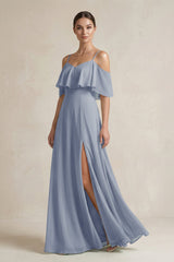 Ruffled Off - the - Shoulder A - Line Chiffon Bridesmaid Gown in Twilight - KISS BRIDAL Bridesmaid Dresses